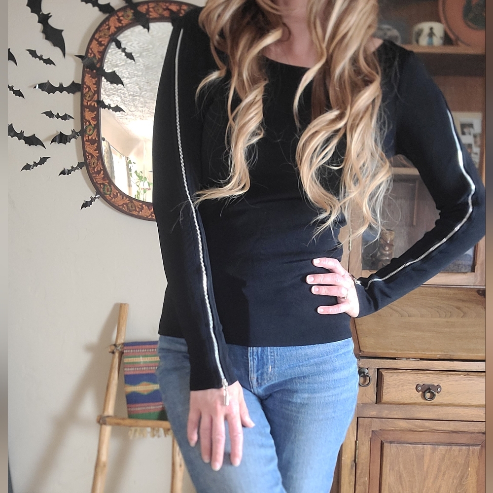 Cache Womens Long Silver Metal Full Zipper Sleeve Sweater Black Knit size small